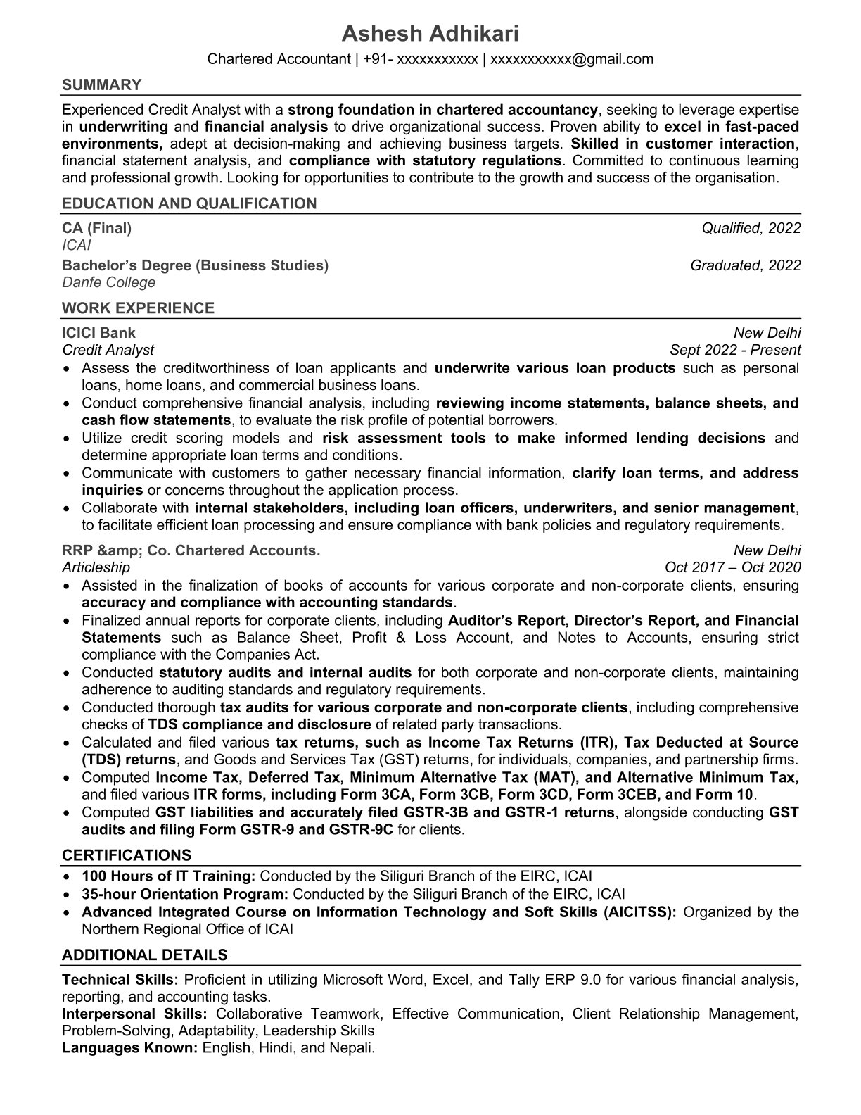 Chartered accountant resume sample