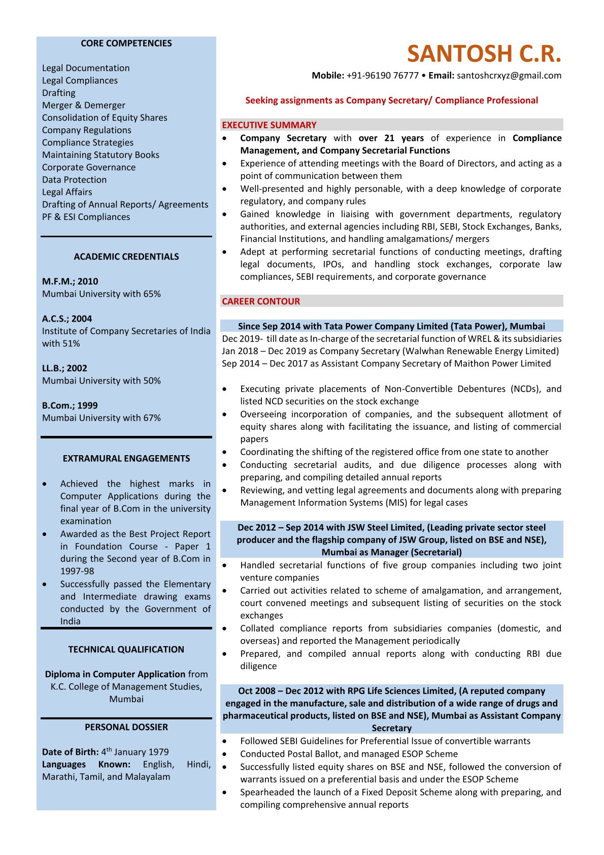 Company secretary resume sample