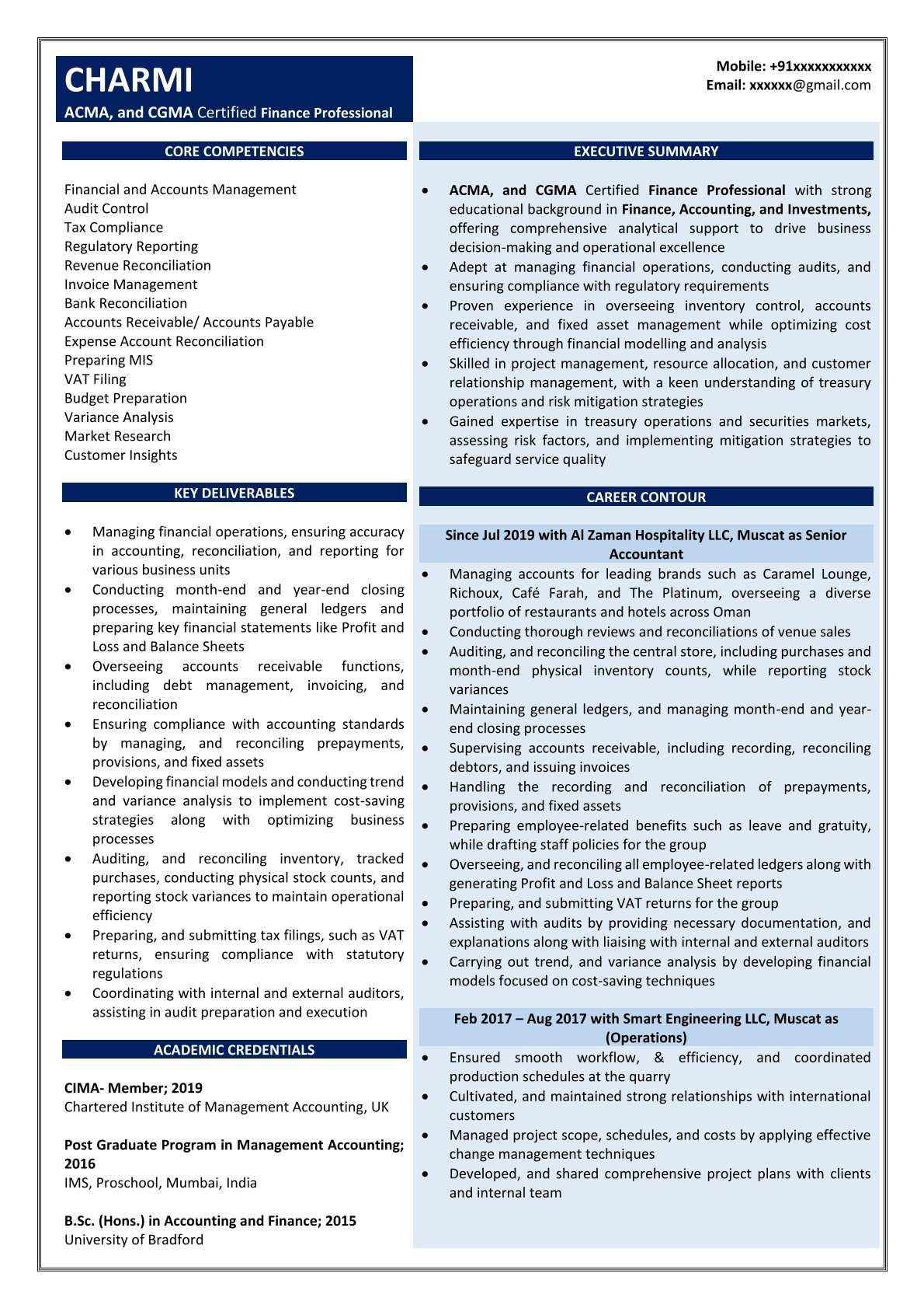Finance professional resume sample
