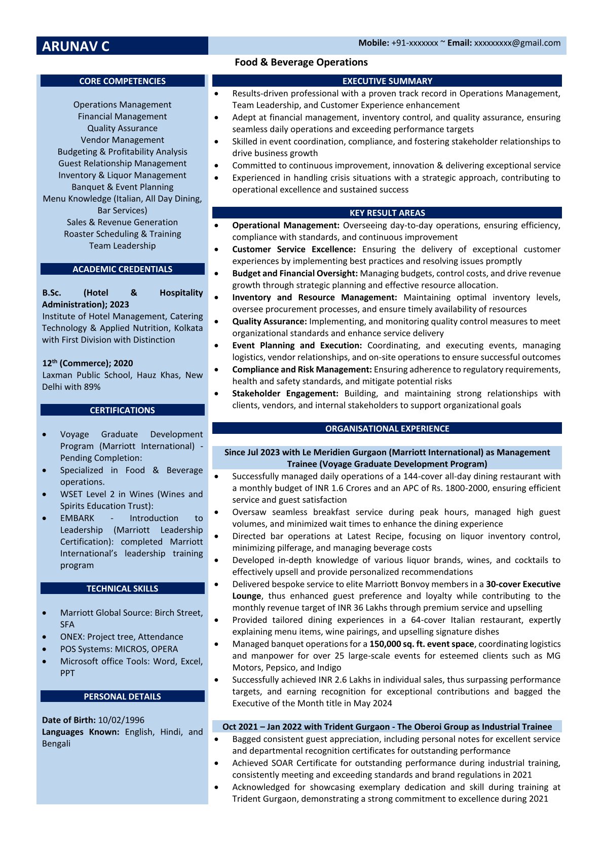 F&B operations resume sample