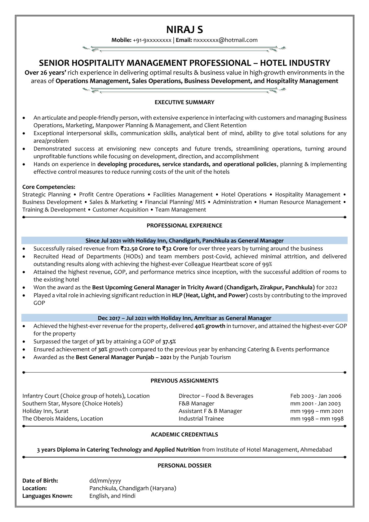 Hospitality manager resume sample