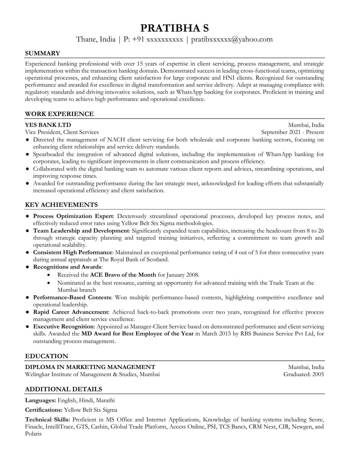 Vice President banking resume sample